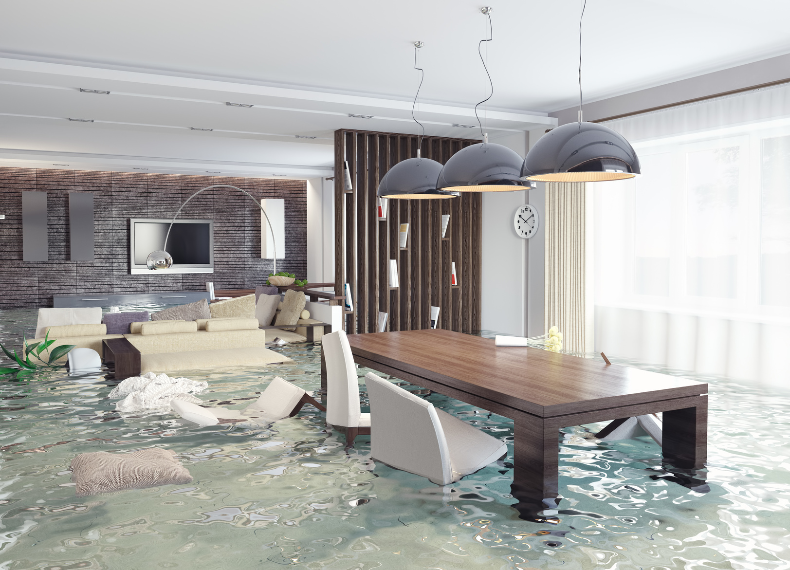 Flooded living/dining room in home for blog "Flood Damage Repair Costs"