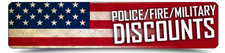 American flag with text Police, Fire, Military Discounts