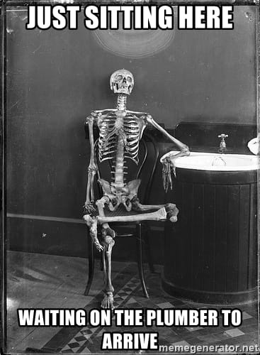 cover image of a skeleton waiting for the plumber for blog "Don't Wait All Day for a Plumber"