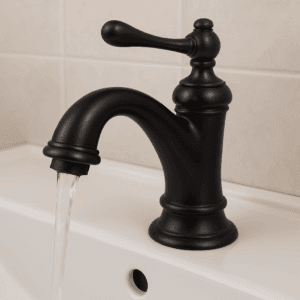 A picture of a kitchen or bathroom faucet with a dark specialty finish.