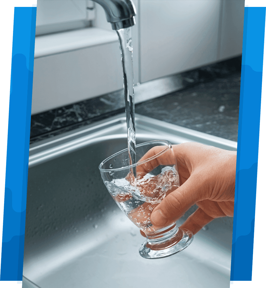 person filling a clear glass of water at kitchen sink.