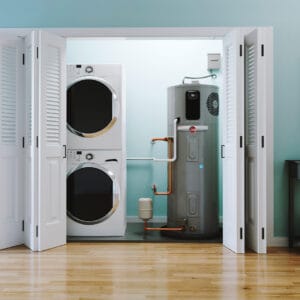 An electric hybrid water heater inside of a laundry pantry.