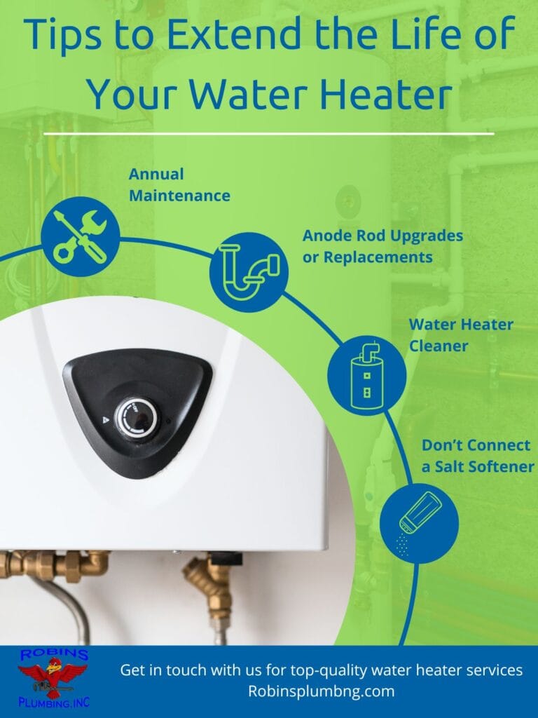 Infographic that explains some tips on how to extend the life of a water heater.