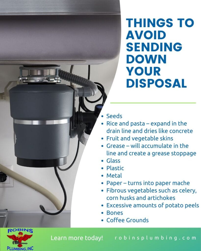 Infographic about what items someone should not put down their garbage disposal.