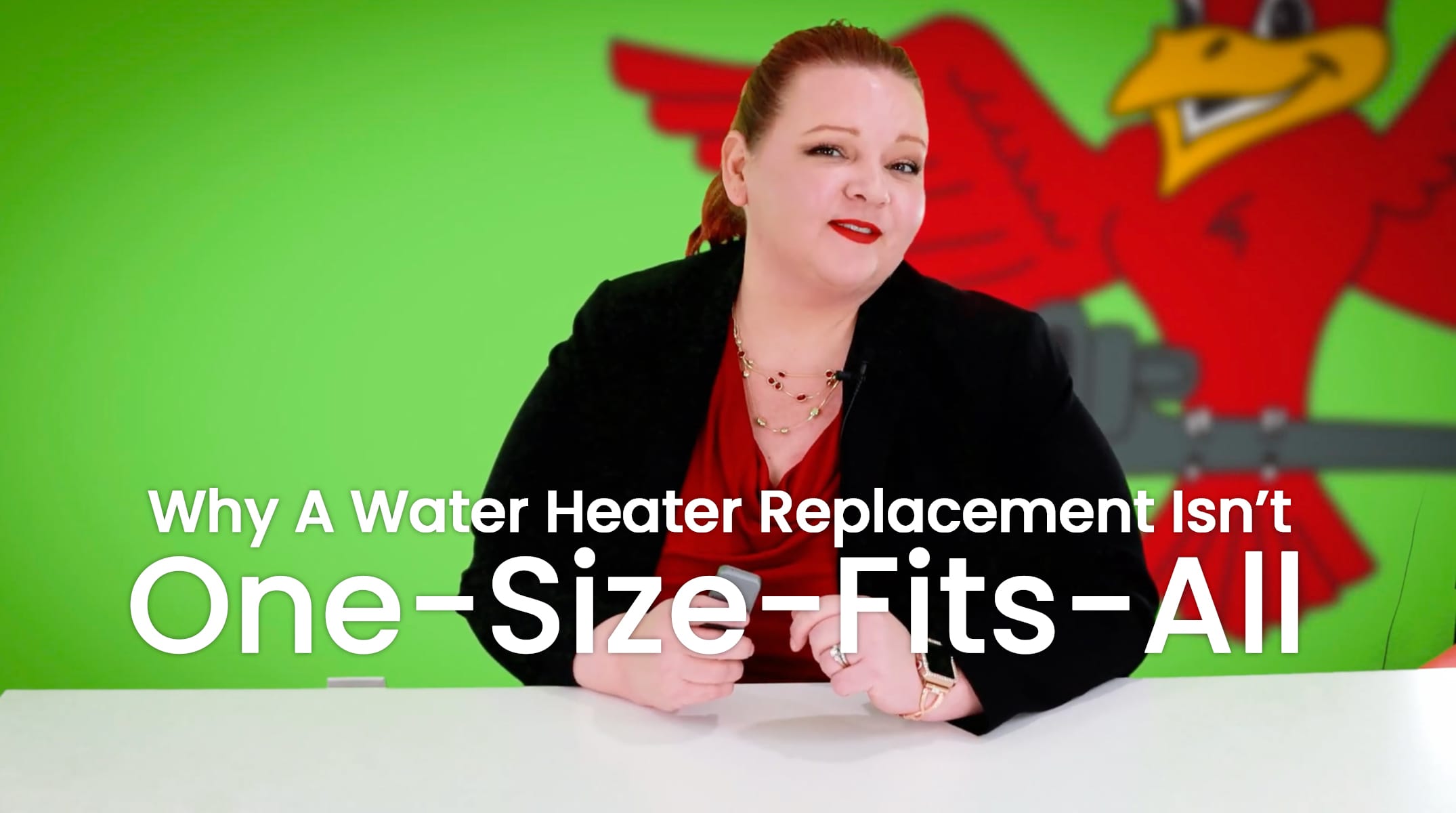 The thumbnail for the blog titled "why a water heater replacement isn't one size fits all" written by Robins Plumbing owner, Stephanie Robins.
