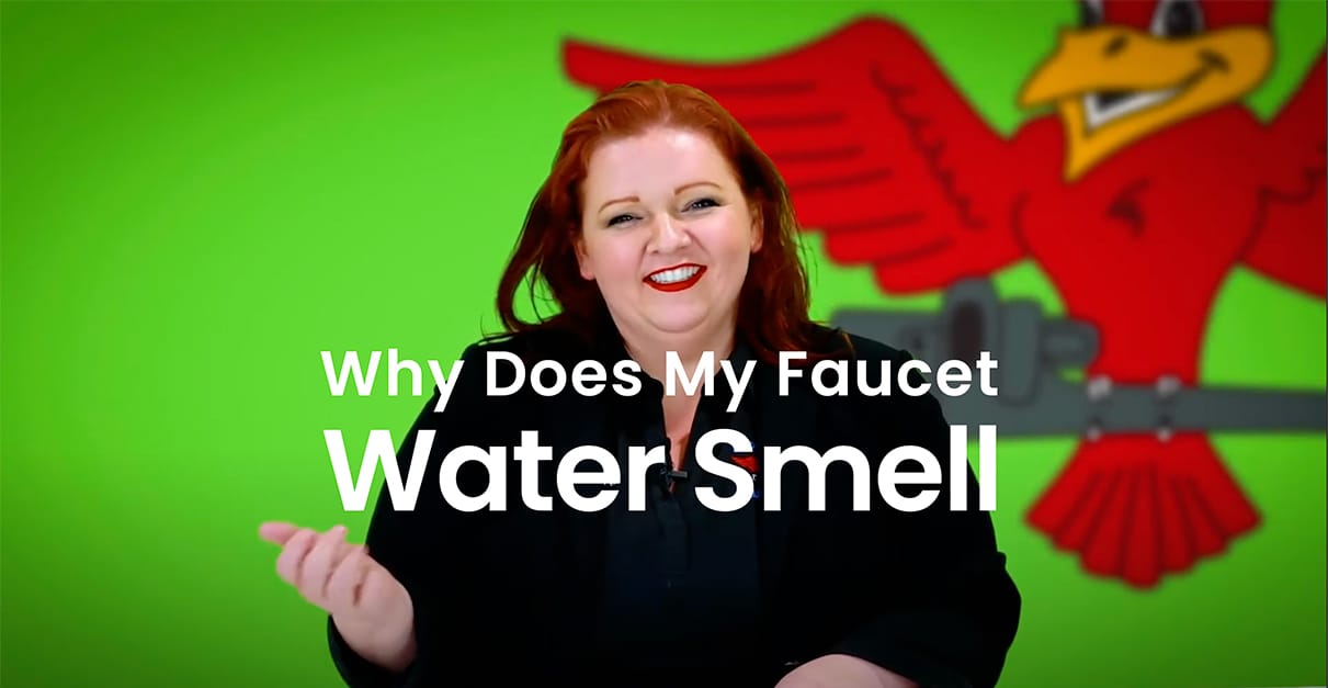 The thumbnail for Robins Plumbing blog titled "why does my faucet water smell" written by the owner Stephanie Robins