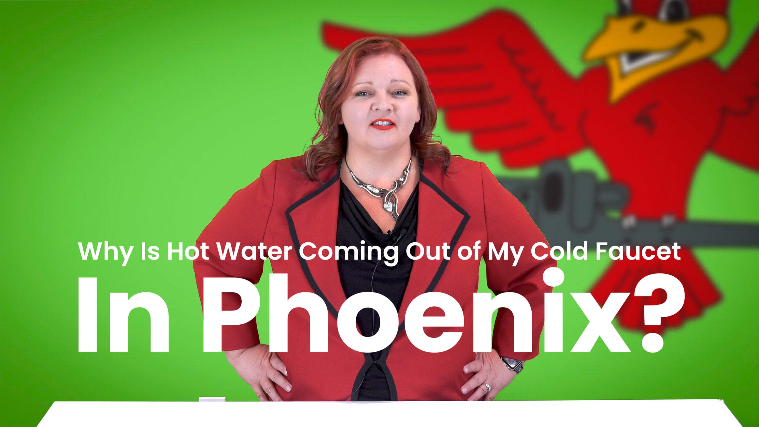 The thumbnail for Robins Plumbing blog titled "Why is hot water coming out of my cold faucet in Phoenix" written by Robins Plumbing owner Stephanie Robins.