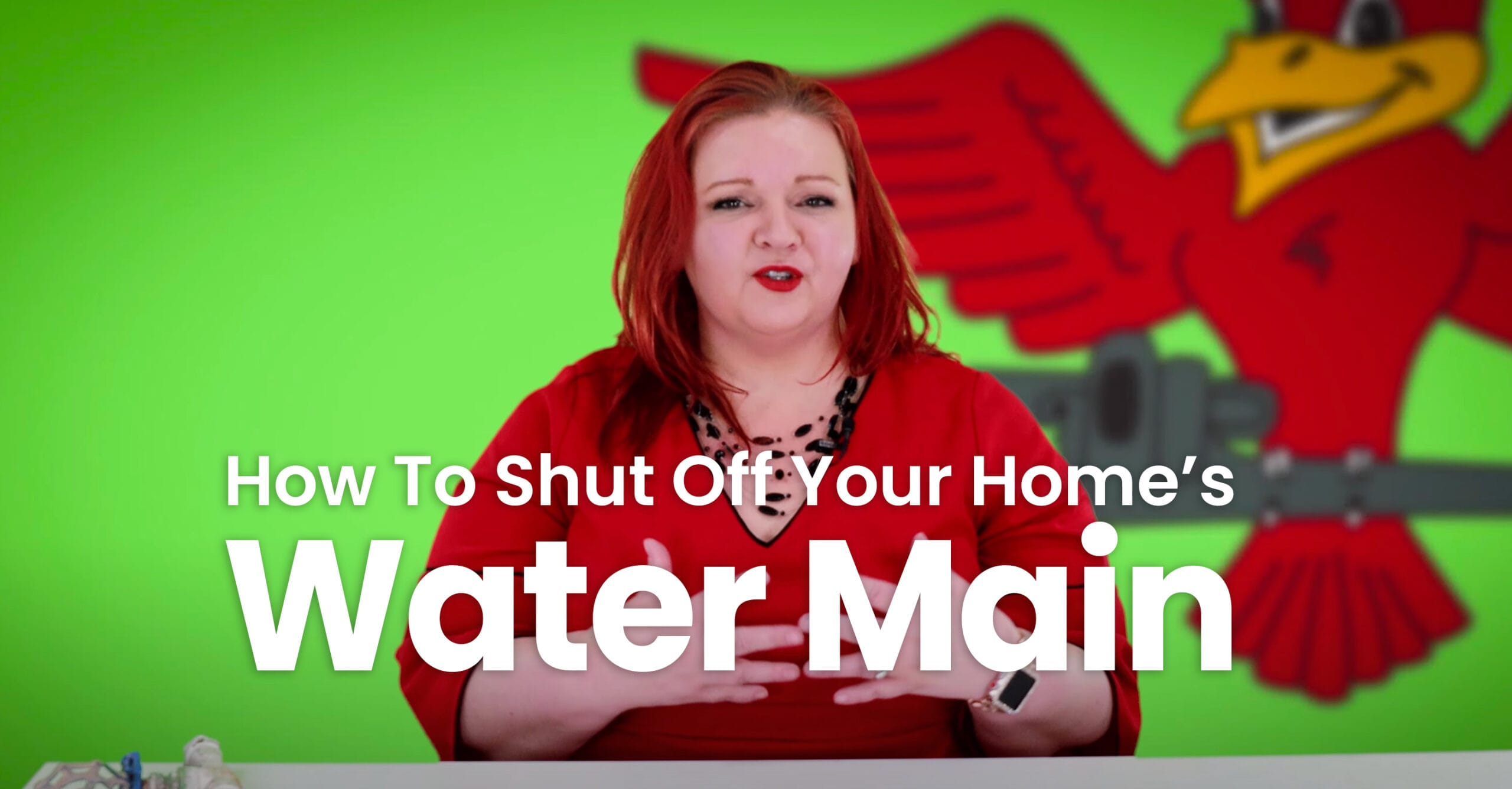The thumbnail for Robins Plumbing blog titled "how to shut off your homes water main" written by Robins Plumbing owner Stephanie Robins.