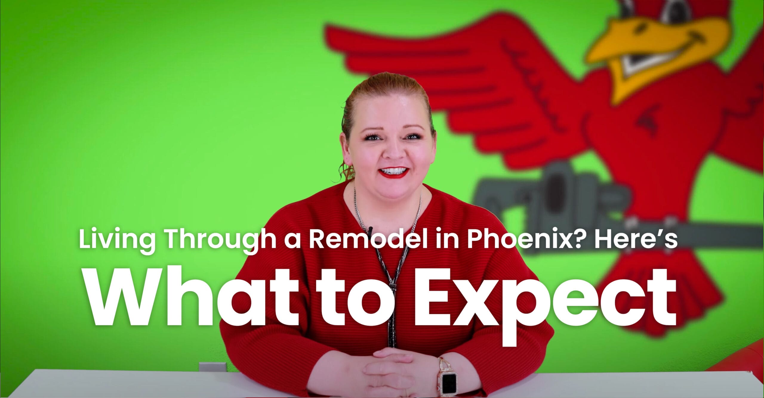 The thumbnail for Robins Plumbing blog titled "living through a remodel in Phoenix heres what to expect" written by Robins Plumbing owner Stephanie Robins.