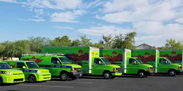 8 Robins Plumbing vehicles lined up in a row