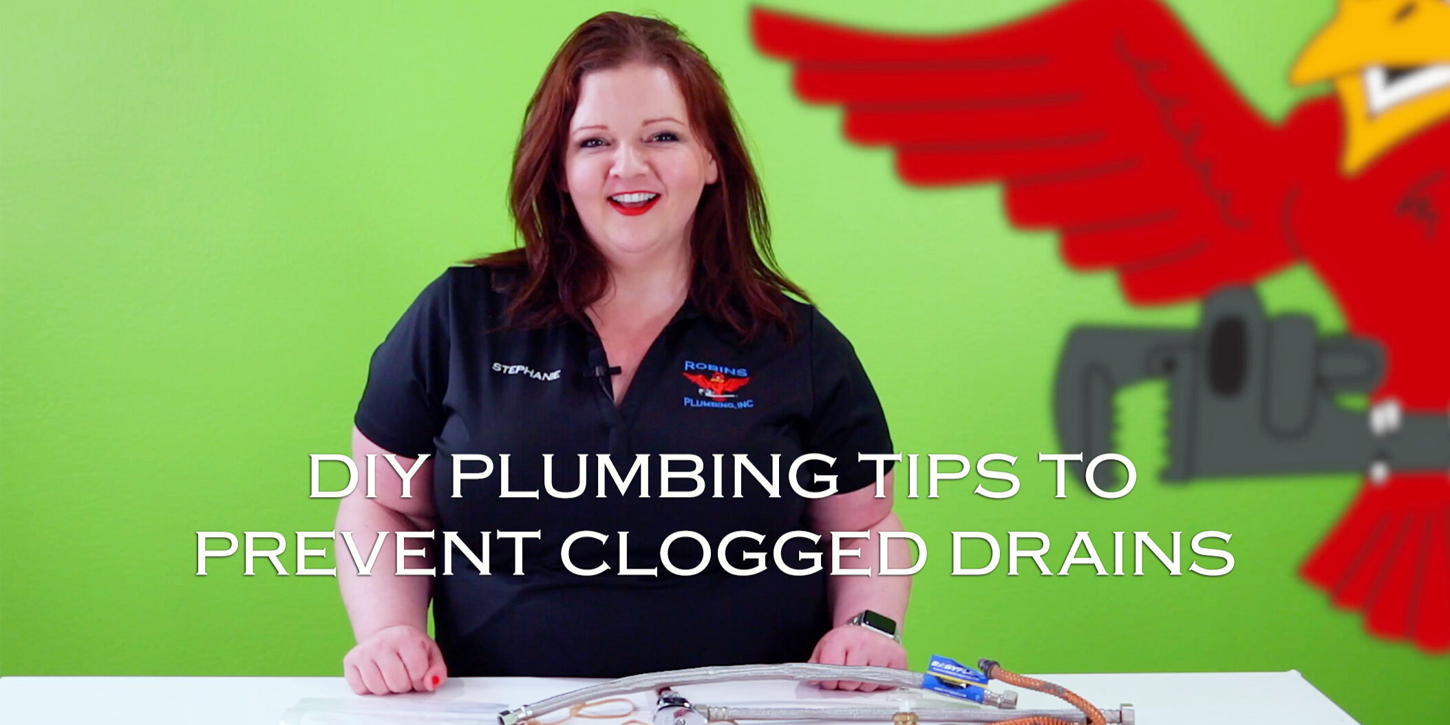 The owner of Robins Plumbing, Stephanie Robins featuring her blog titled DIY plumbing tips to prevent clogged drains.
