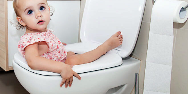 Toddler playfully stuck in the toilet, looking towards the camera for blog "Bathroom Safety for Children"