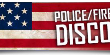 American flag with text Police, Fire, Military Discounts