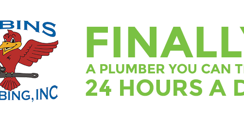 Robins Plumbing logo with phrase "Finally! A Plumber You Can Trust 24 Hours A Day" for blog "What Makes a Great Plumber?"
