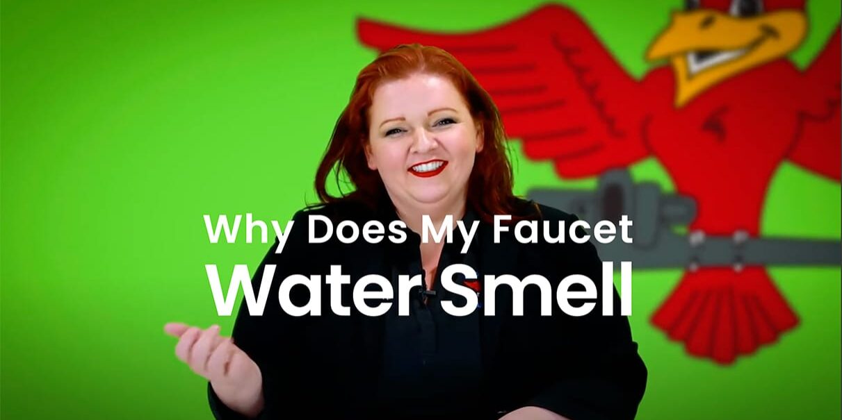 The thumbnail for Robins Plumbing blog titled "why does my faucet water smell" written by the owner Stephanie Robins