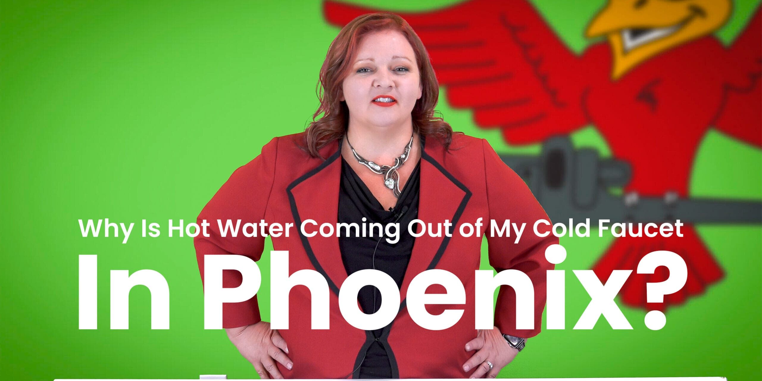 The thumbnail for Robins Plumbing blog titled "Why is hot water coming out of my cold faucet in Phoenix" written by Robins Plumbing owner Stephanie Robins.